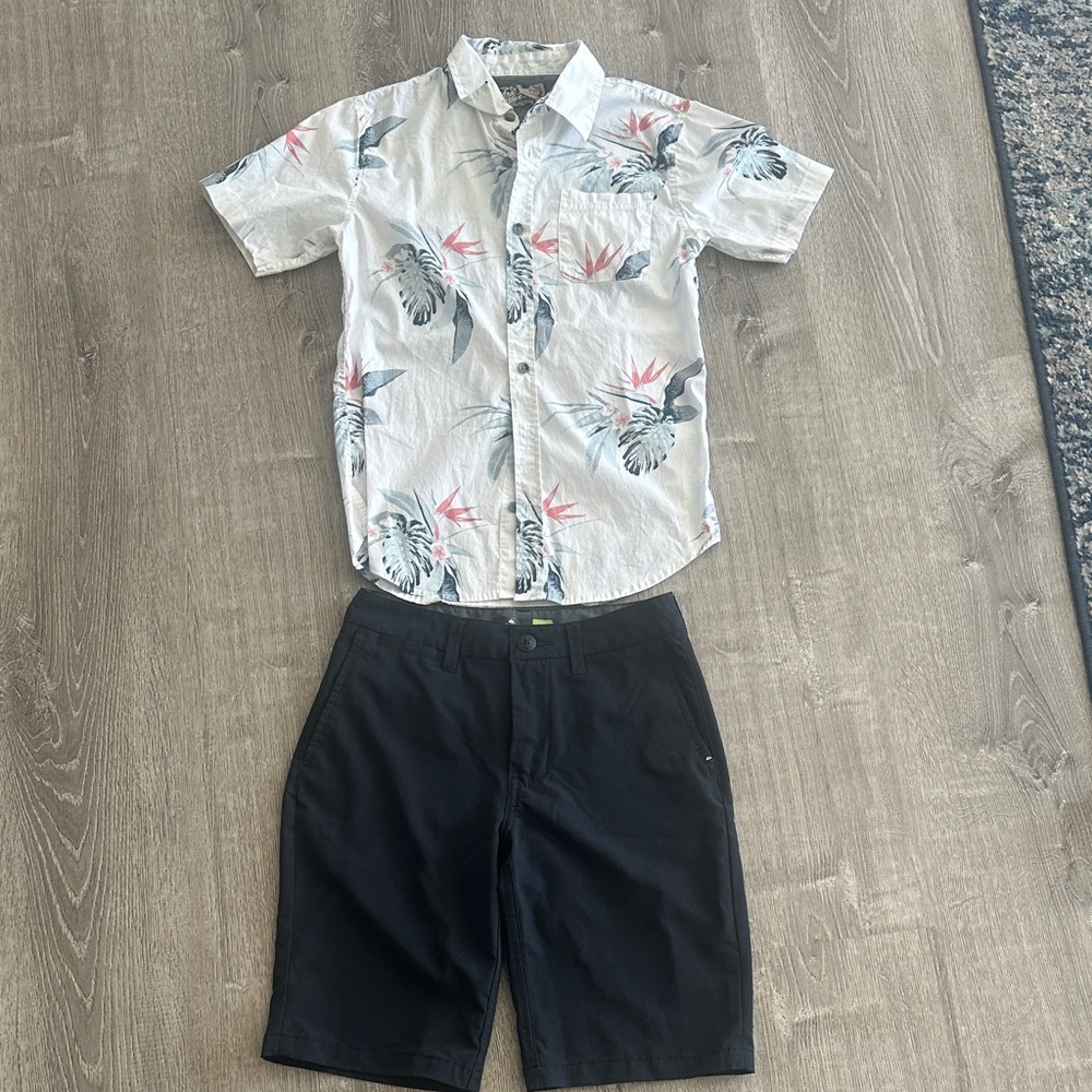 Size 10/12 Floral Print Shirt and size 25 Quicksilver Black Shorts Set